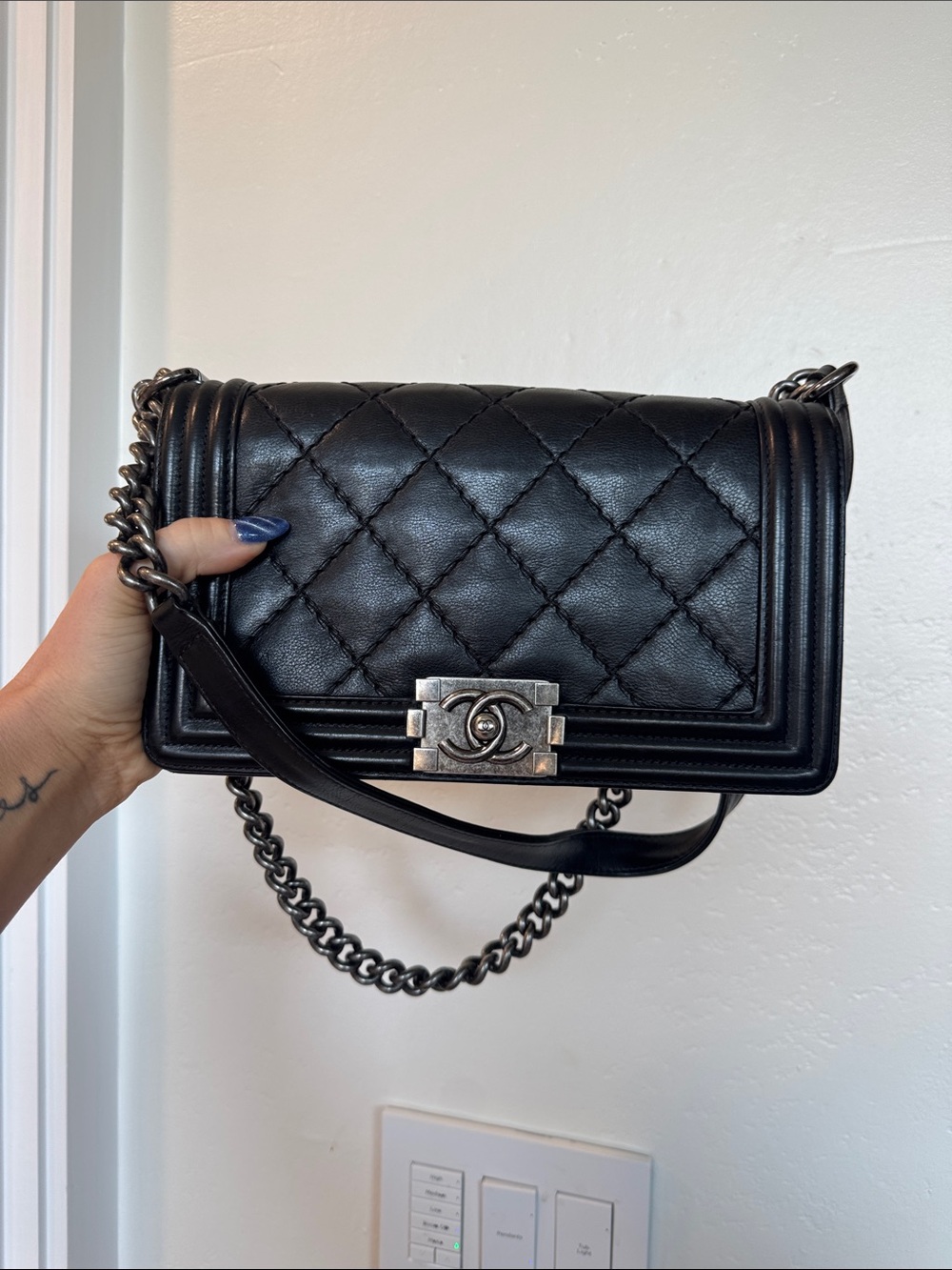 CHANEL Boy medium Black Quilted Leather Shoulder Bag with Chain Strap